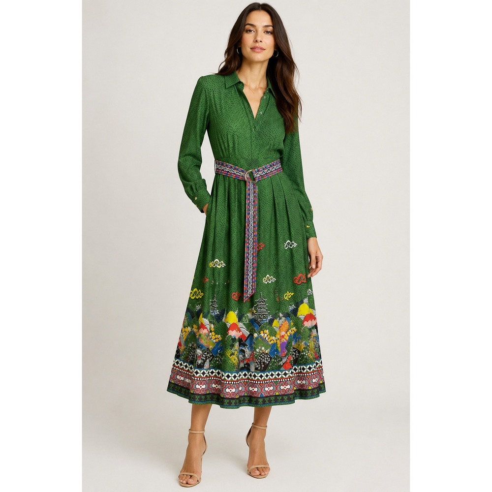 Emily Lovelock Green Landscape Print Midi Shirt Dress Heart Buttons Size L 8-10